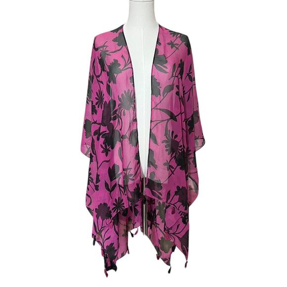 Cato Dark Berry Pink & Black Tassel Trimmed Floral Whimsy Sheer Kimono Wrap OS - Picture 1 of 7